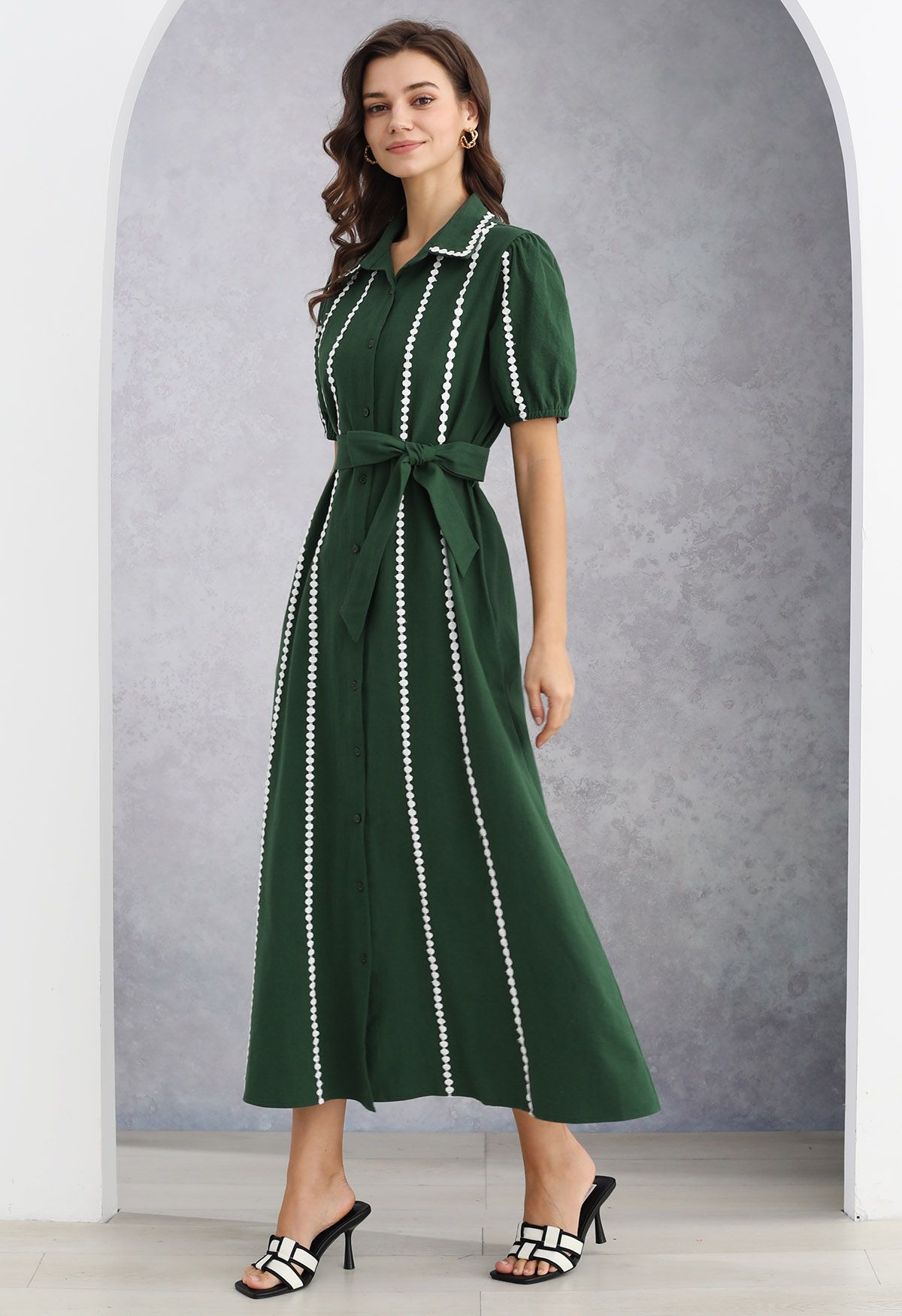 Crochet Stripe Collared Tie-Sash Buttoned Maxi Dress in Dark Green