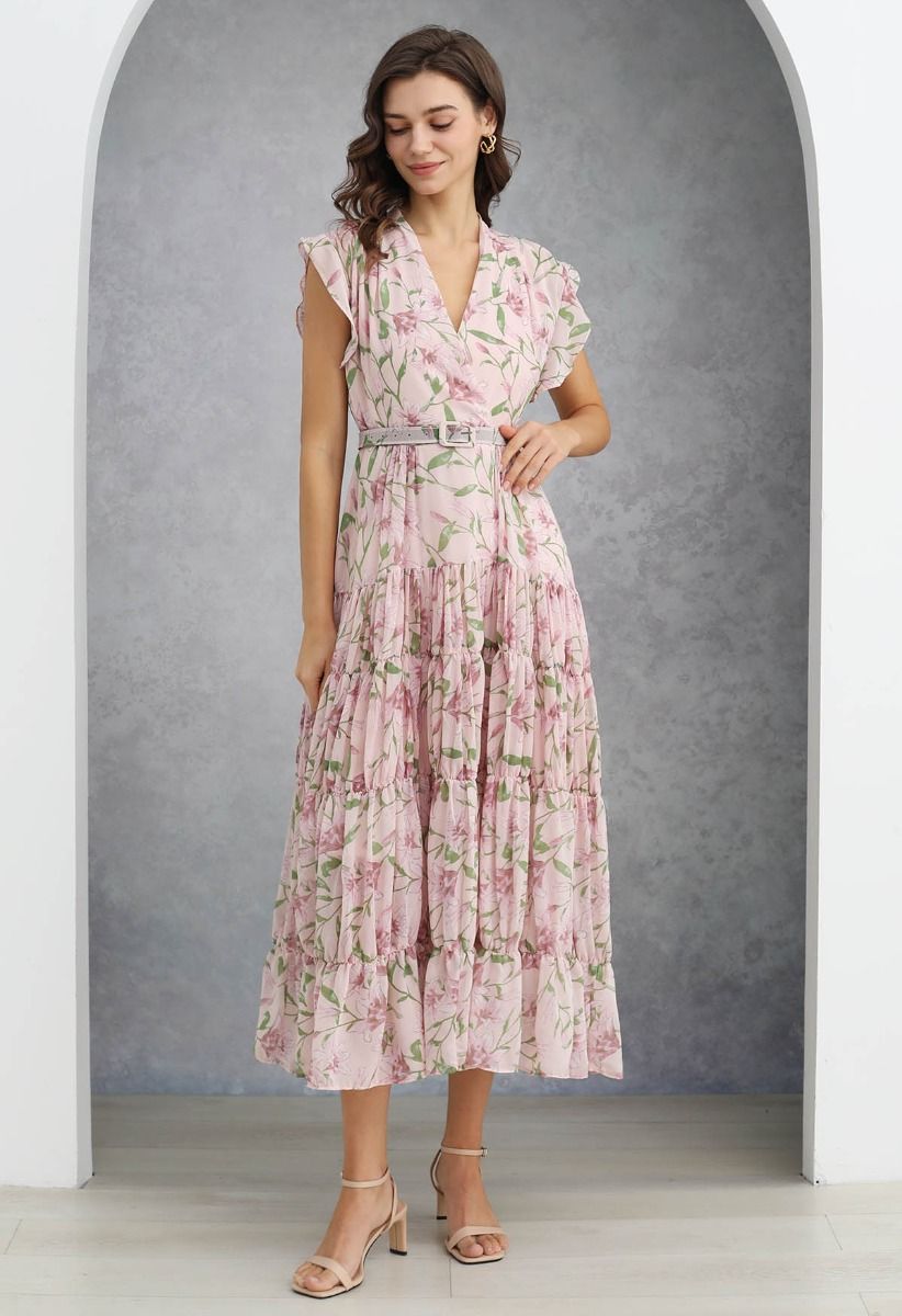 Lily Printed Belted Faux-Wrap Chiffon Maxi Dress in Pink