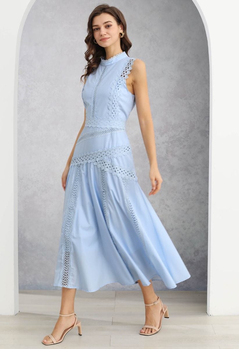 Dive into Elegance Lace Panelled Sleeveless Dress in Baby Blue