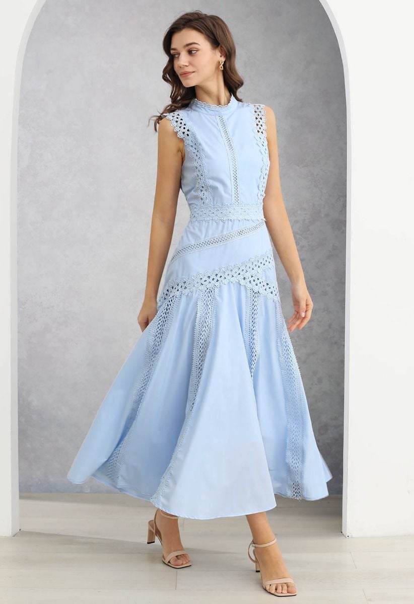 Dive into Elegance Lace Panelled Sleeveless Dress in Baby Blue