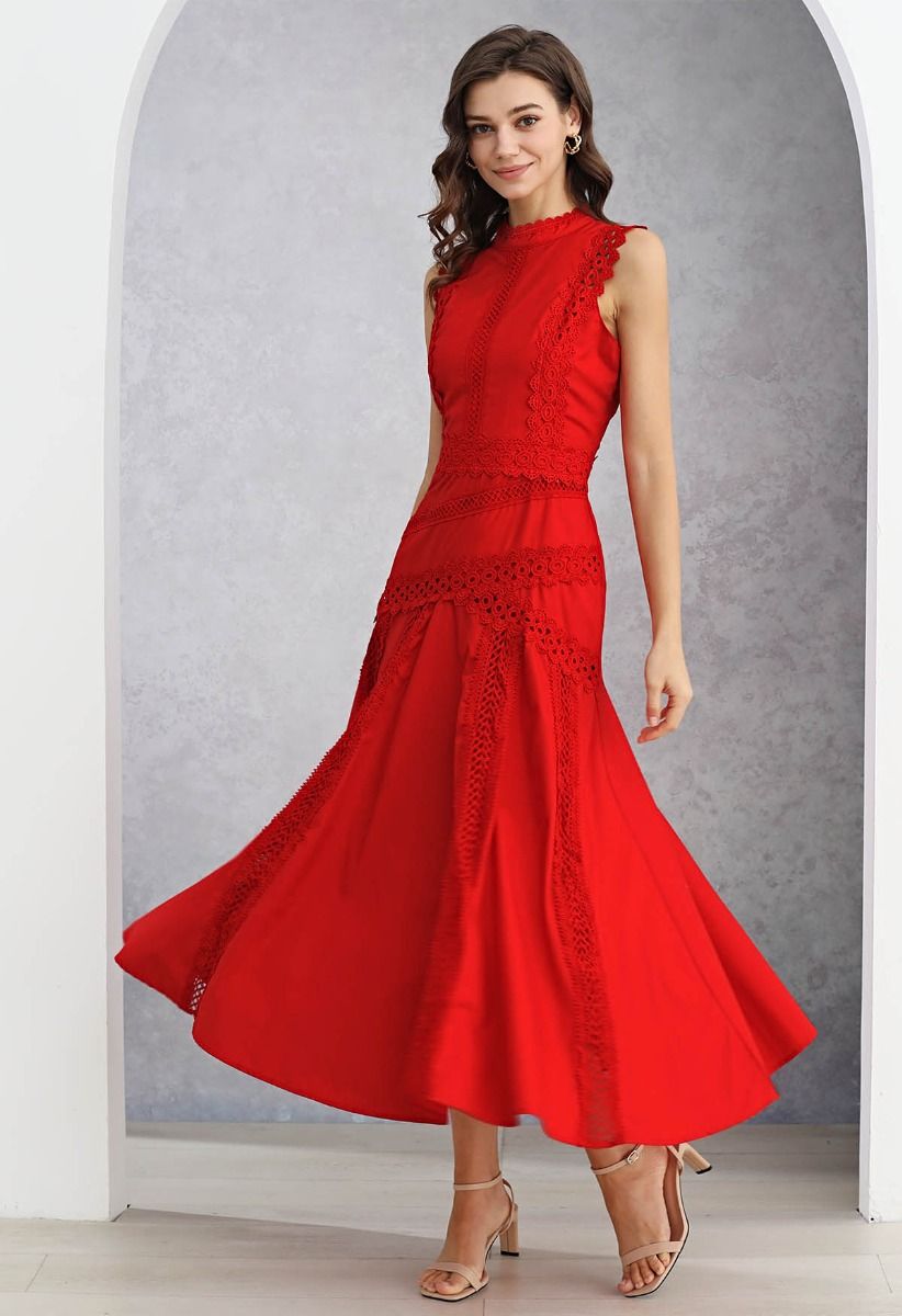 Dive into Elegance Lace Panelled Sleeveless Dress in Red