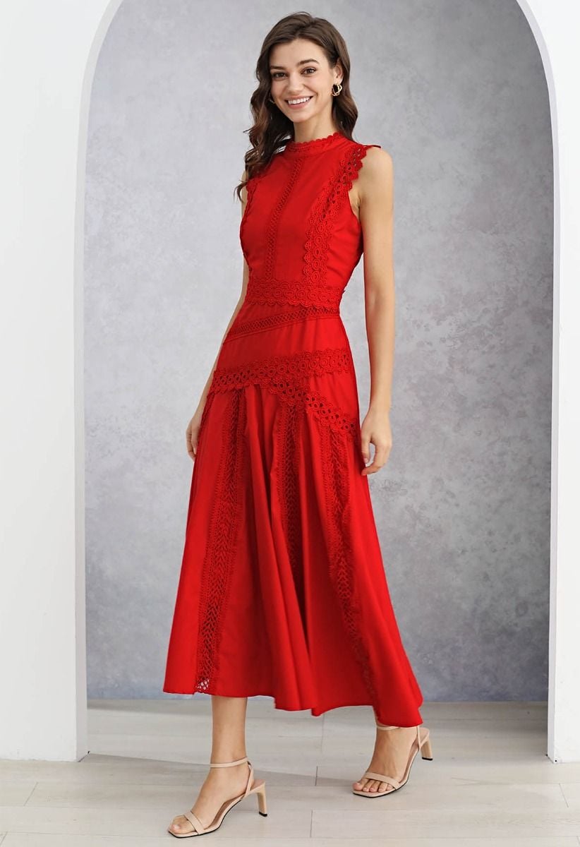 Dive into Elegance Lace Panelled Sleeveless Dress in Red