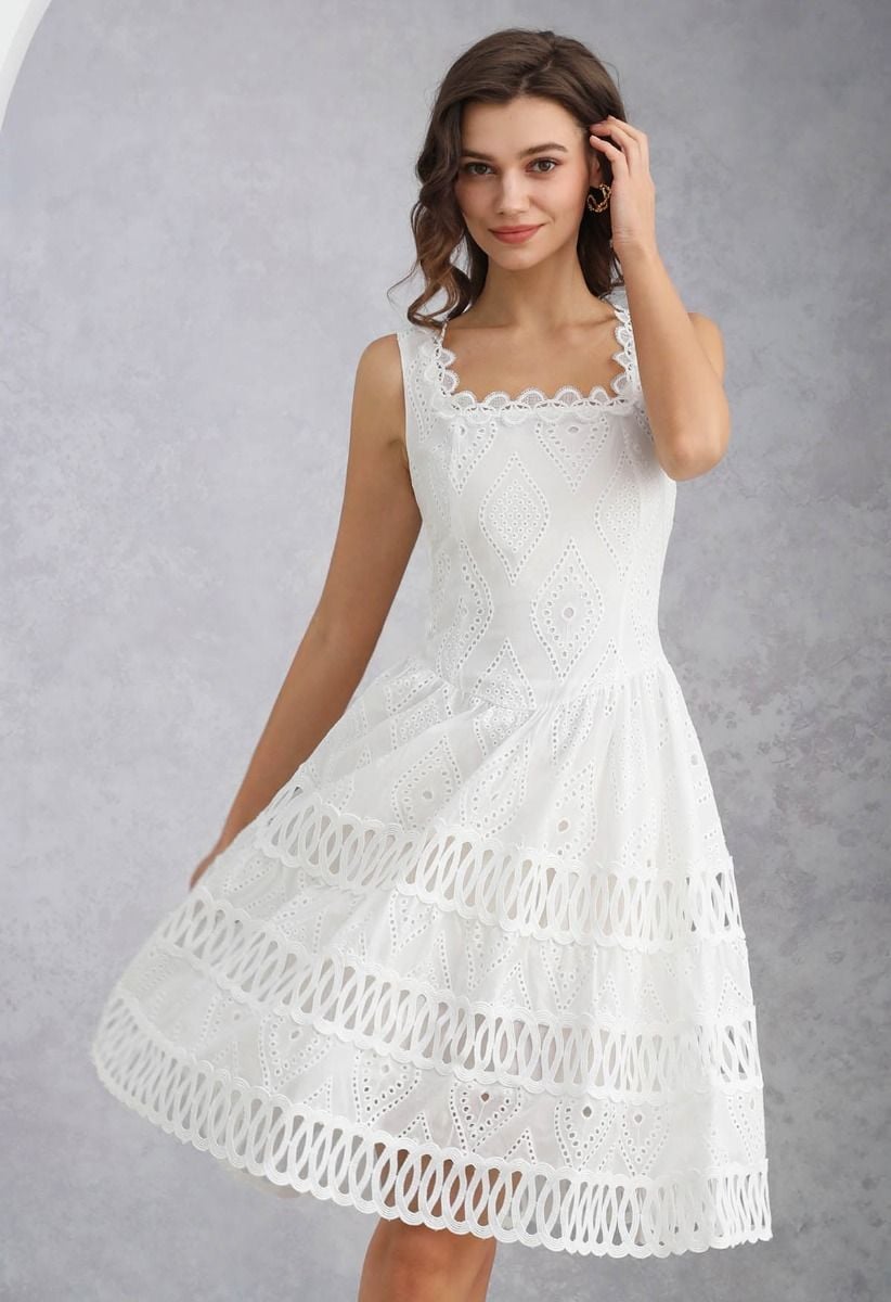 Geometric Eyelet Embroidered Square Neck Sleeveless Dress in White