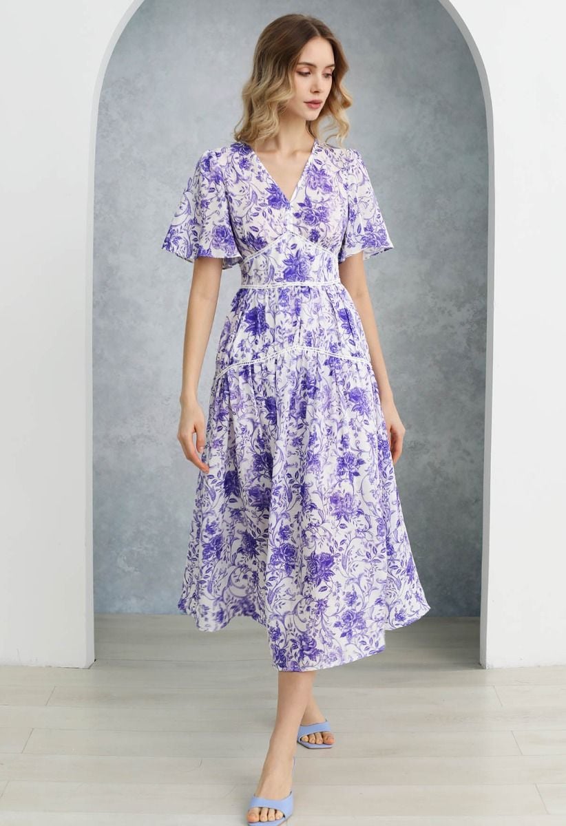 Purple Hues Rose Printed Midi Dress