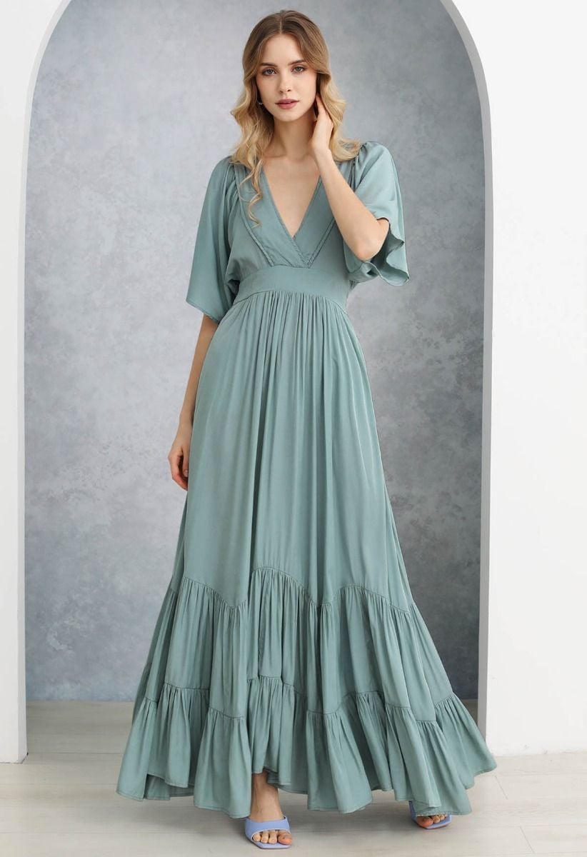 Subtle Romance Deep V-Neck Flutter Sleeve Maxi Dress in Teal