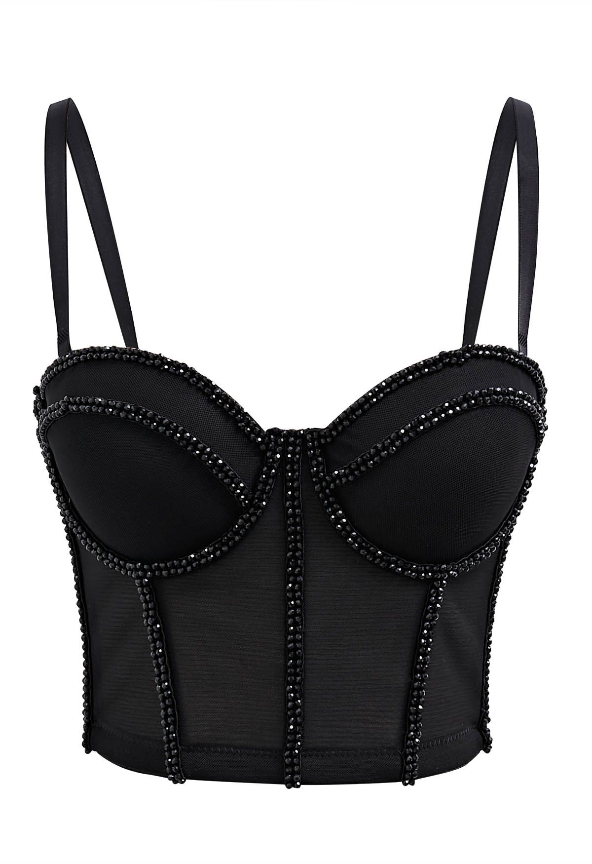 Crystal Embellished Bustier Mesh Crop Top in Black