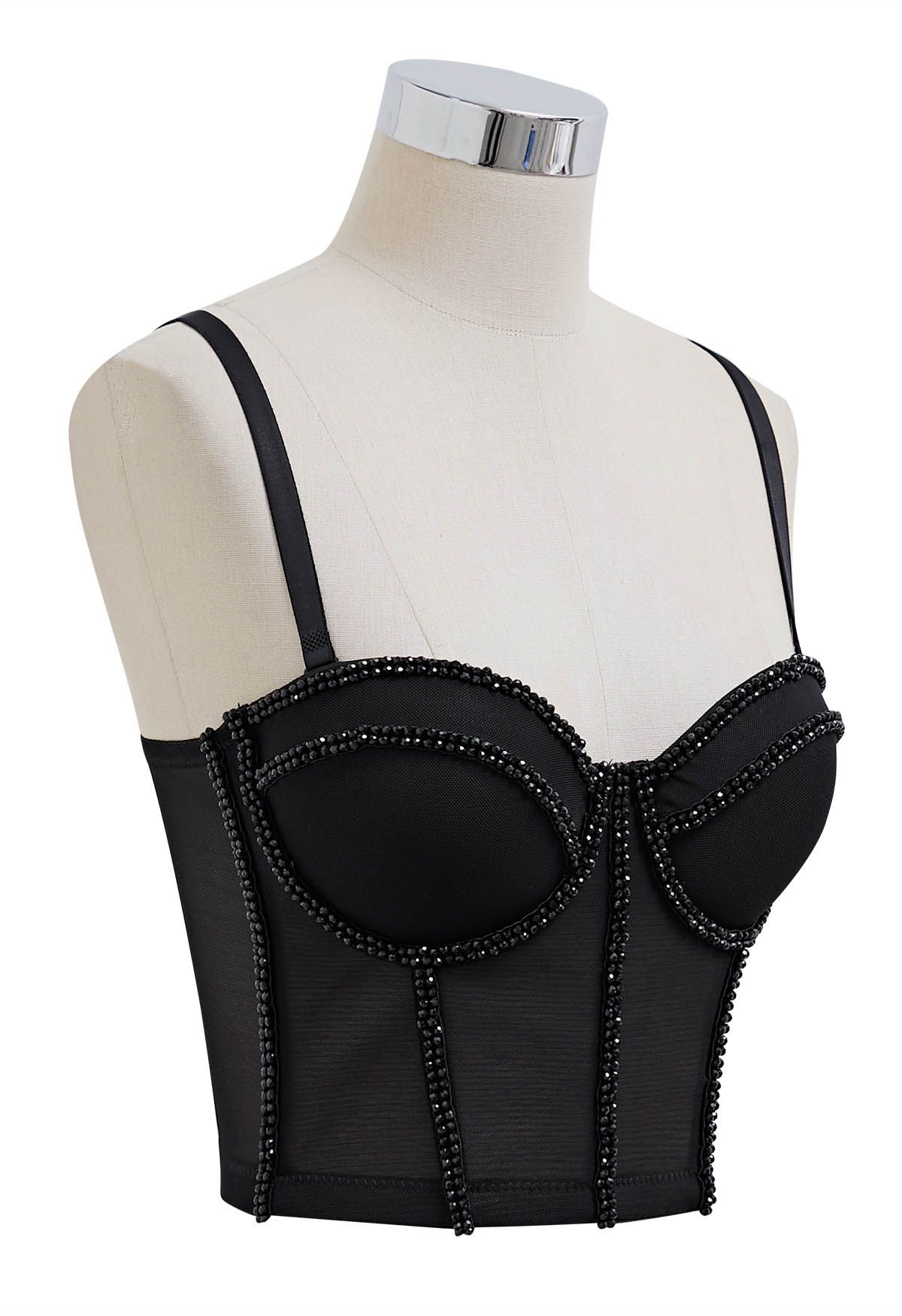 Crystal Embellished Bustier Mesh Crop Top in Black