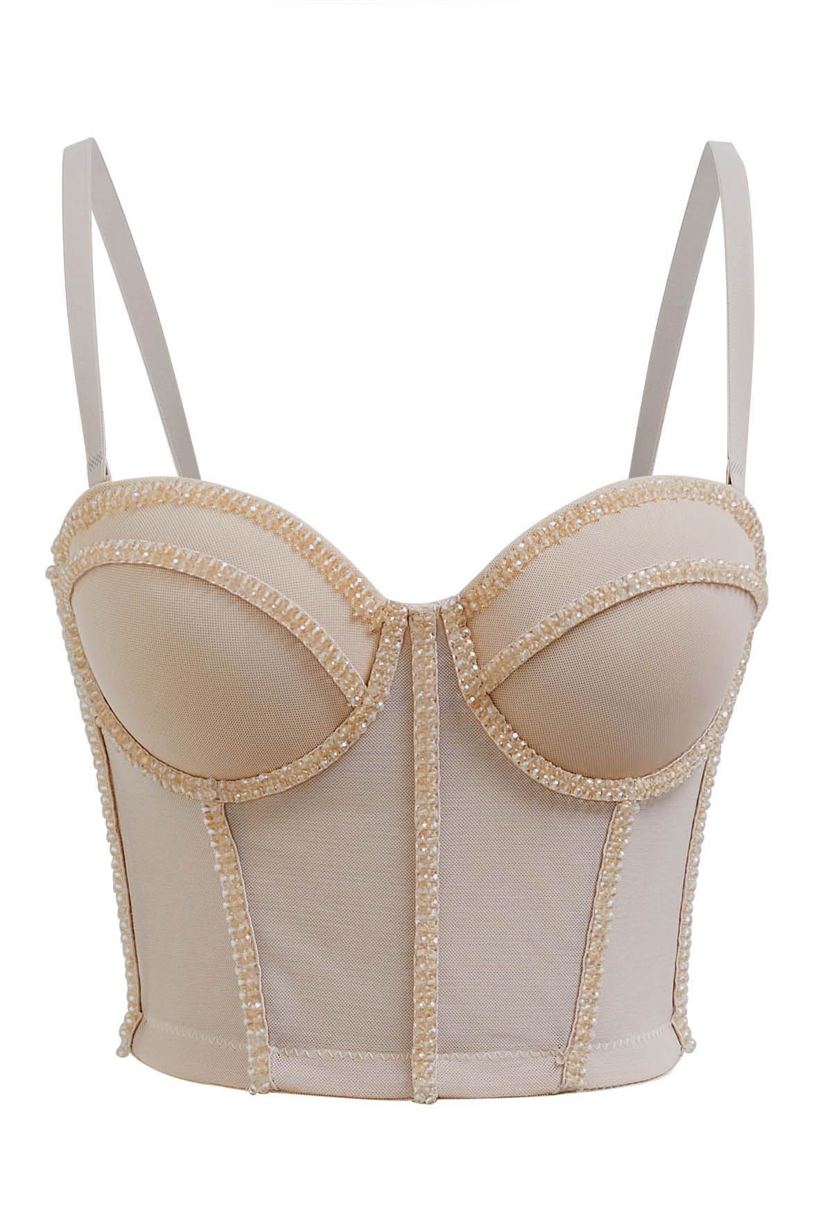 Crystal Embellished Bustier Mesh Crop Top in Apricot