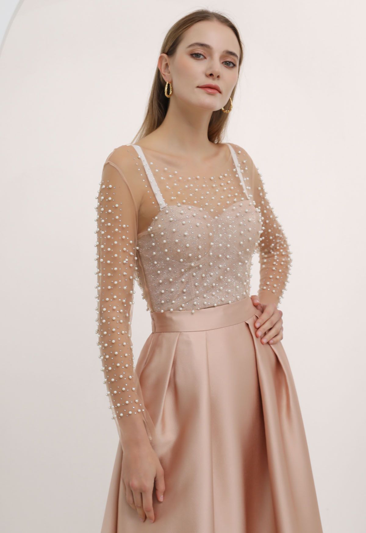 Full Pearl Embellished Sheer Mesh Top in Tan