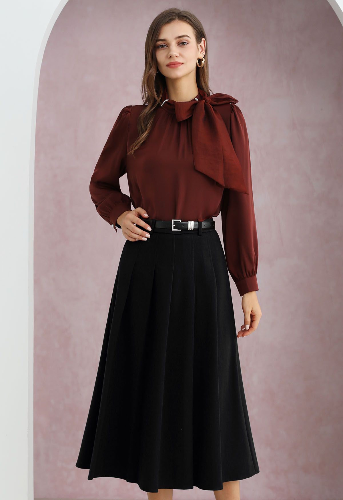 All Seasons Belted Pleated Midi Skirt in Black