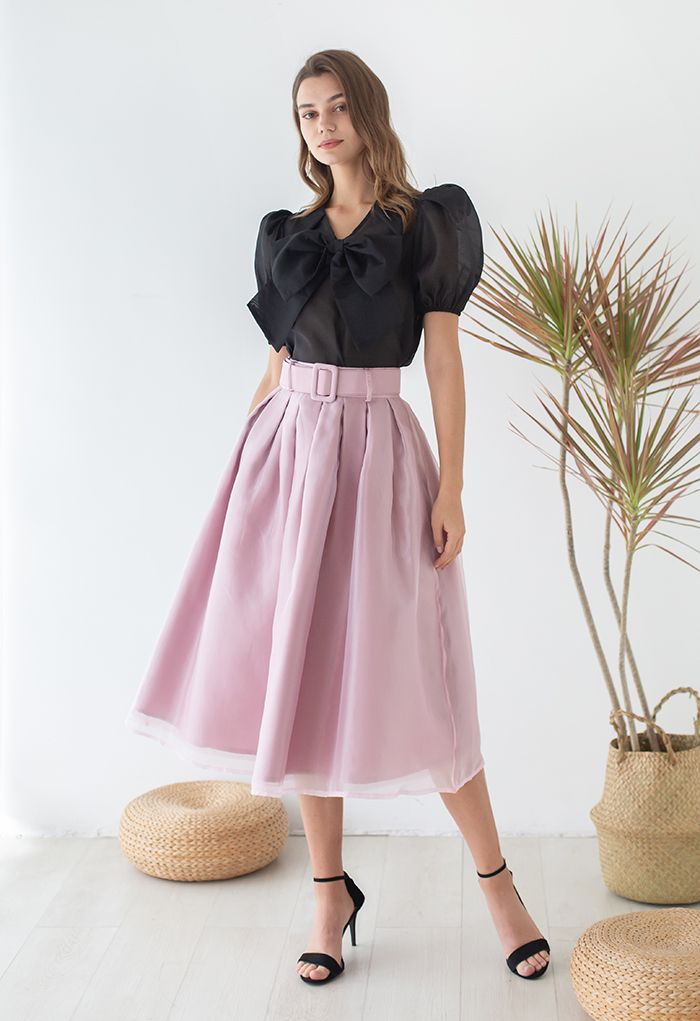 Soft Organza Pleated Midi Skirt in Pink