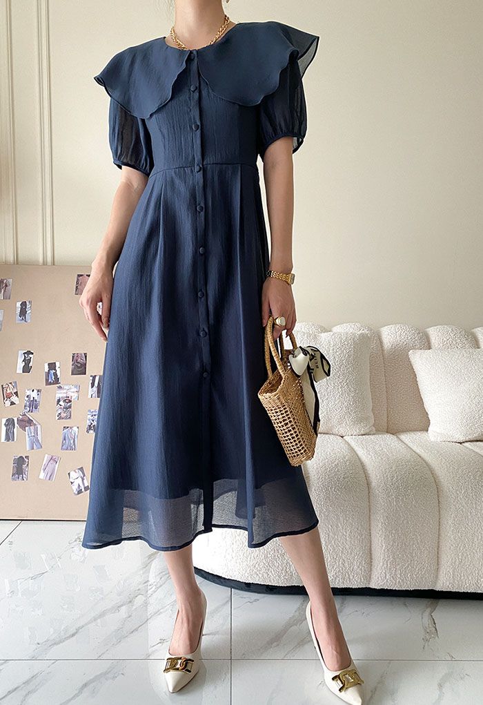 Breezy Ruffle Collar Buttoned Dress in Navy