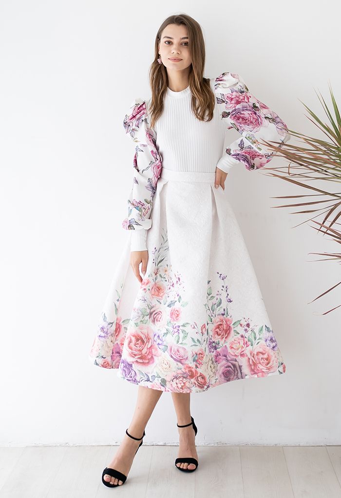 Rose Vines Printed Embossed Midi Skirt