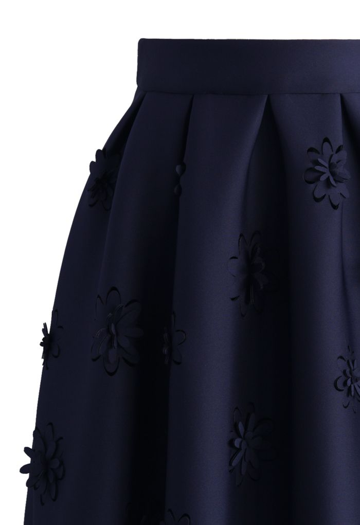 Falling Flowers Airy Pleated Midi Skirt in Navy