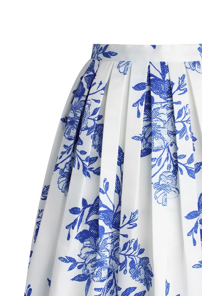 Blue Floral Sketch Pleated Midi Skirt