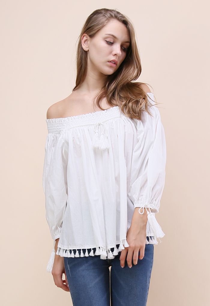 Delightful Swing Tassel Off-shoulder Top in White