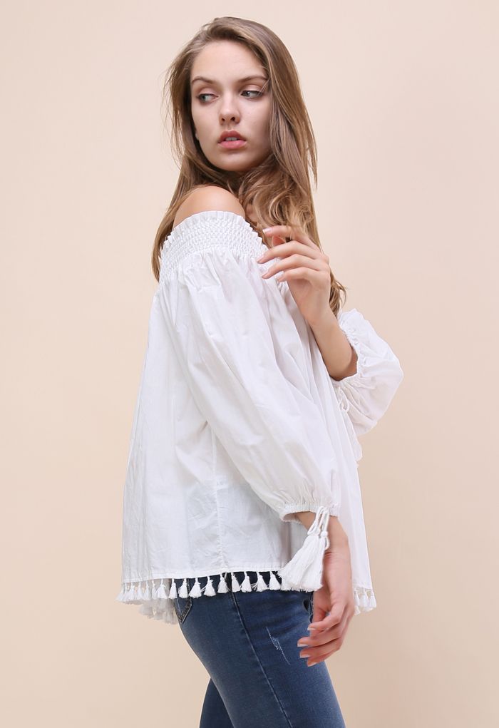 Delightful Swing Tassel Off-shoulder Top in White