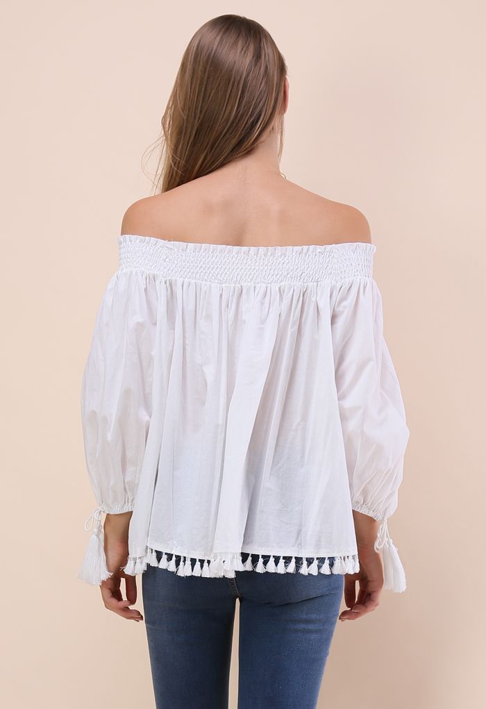 Delightful Swing Tassel Off-shoulder Top in White