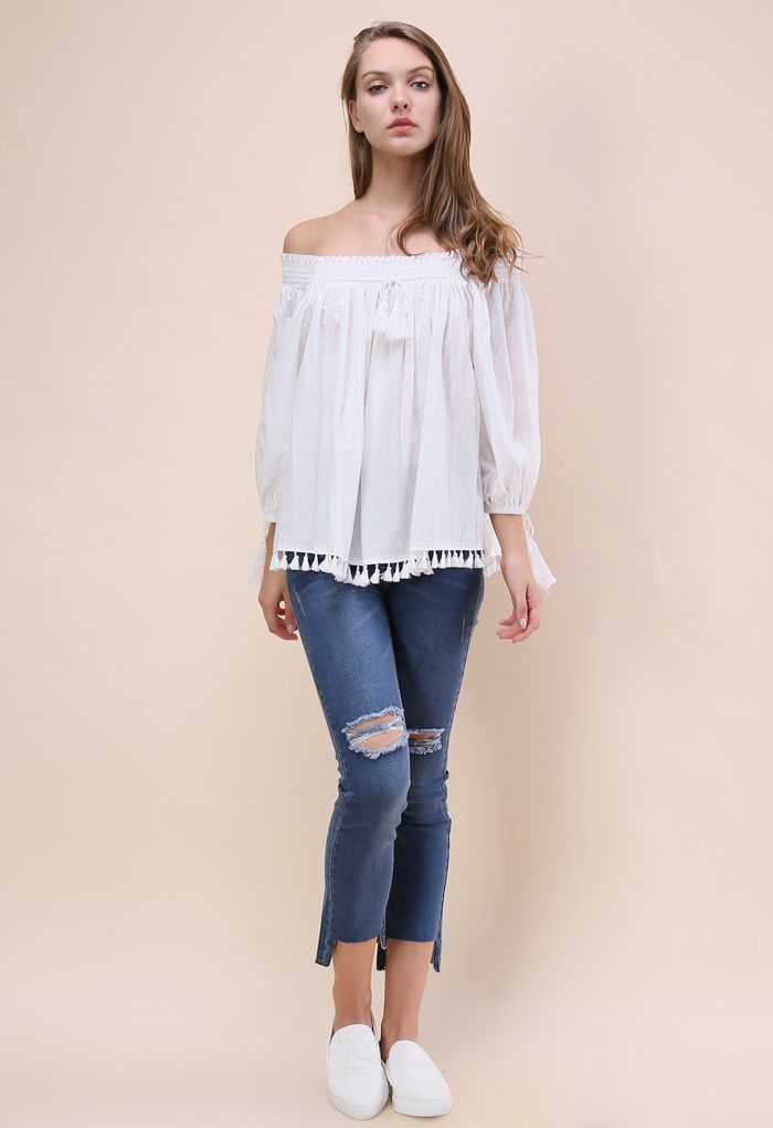 Delightful Swing Tassel Off-shoulder Top in White