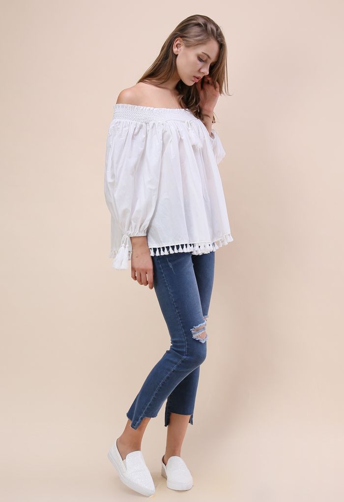 Delightful Swing Tassel Off-shoulder Top in White