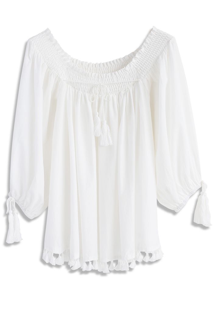 Delightful Swing Tassel Off-shoulder Top in White