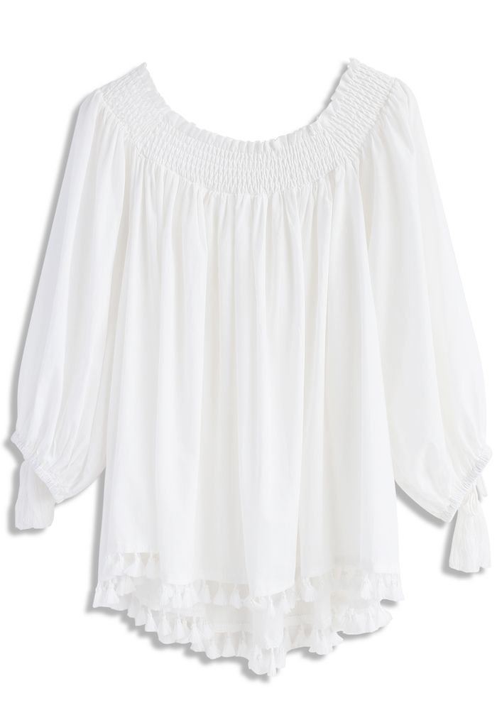 Delightful Swing Tassel Off-shoulder Top in White