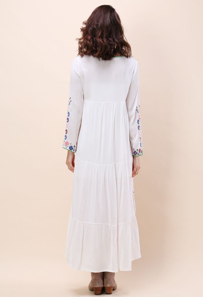 White Flowerland Embroidered Maxi Dress