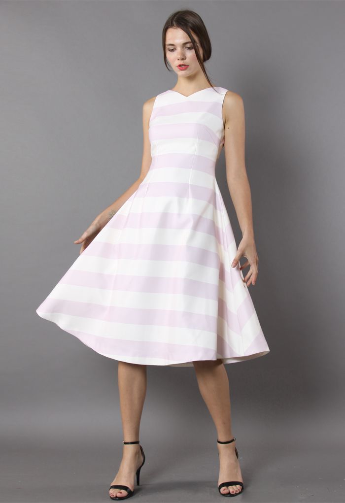Fluttering Stripes Midi Dress in Pink  