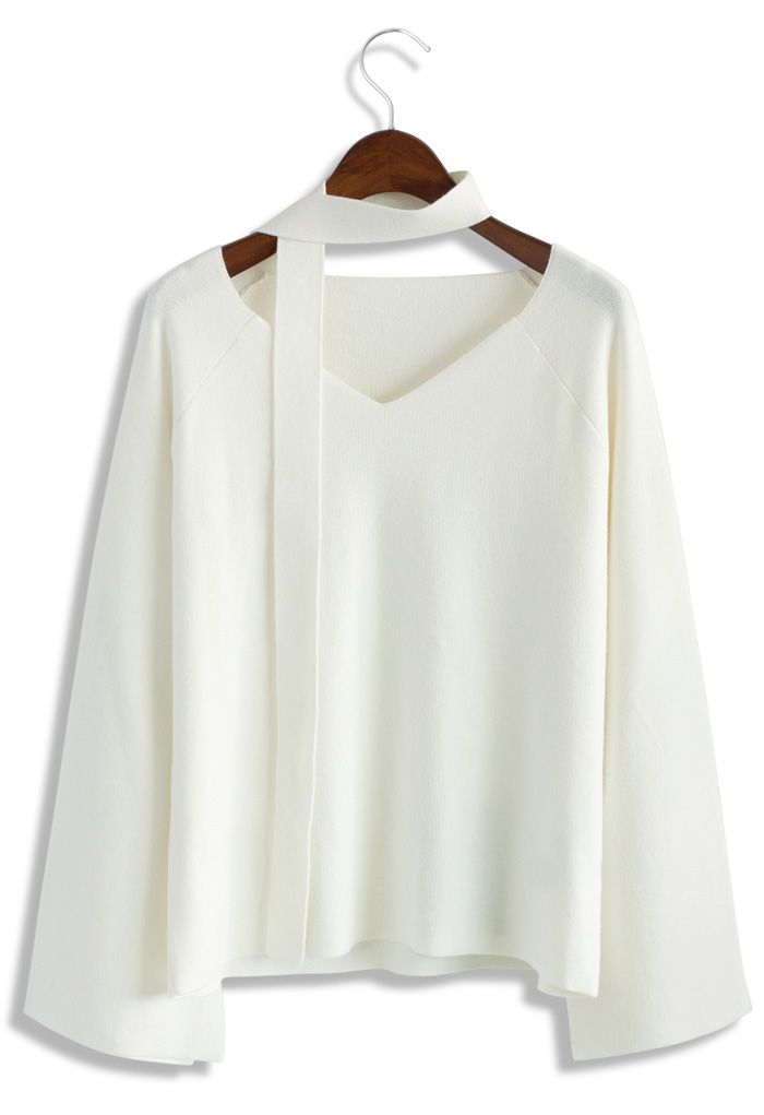 Soft Bell Sleeves V-neck Sweater in White