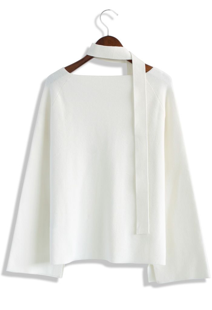 Soft Bell Sleeves V-neck Sweater in White