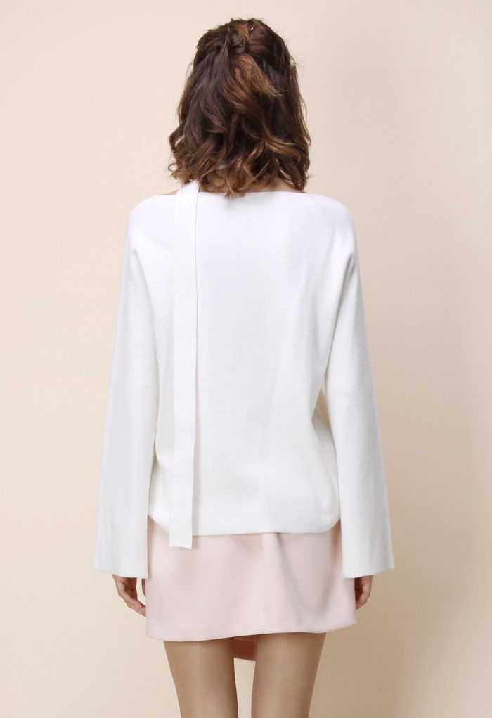 Soft Bell Sleeves V-neck Sweater in White