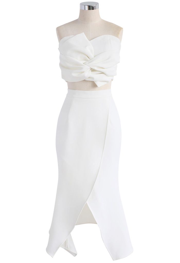 Sweet Knot Bustier Top and Flap Skirt Set in White