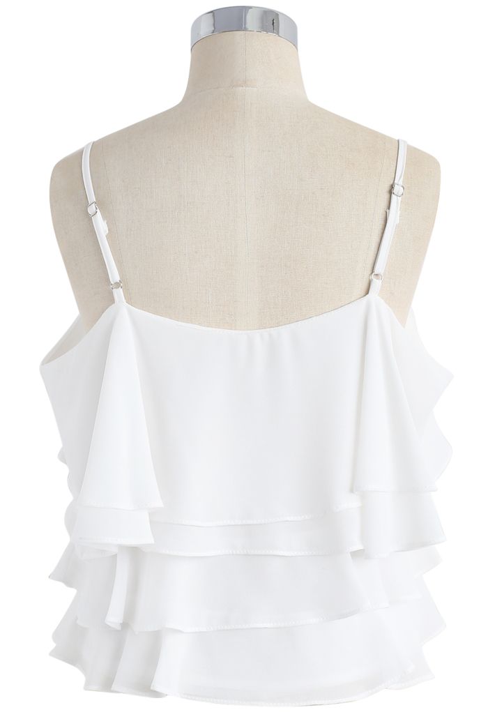 Tiered Animation Chiffon Cold-shoulder Top in White