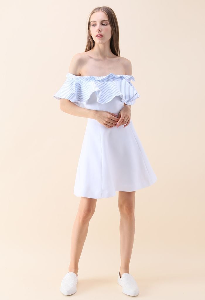 Nifty Breeze Off-shoulder Dress in Blue Stripe