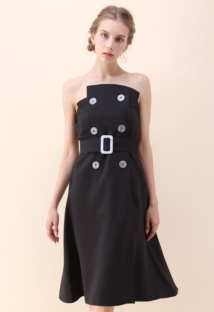 Charming Connection Double Breasted Strapless Dress in Black