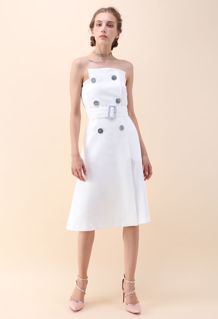 Charming Connection Double Breasted Strapless Dress in White