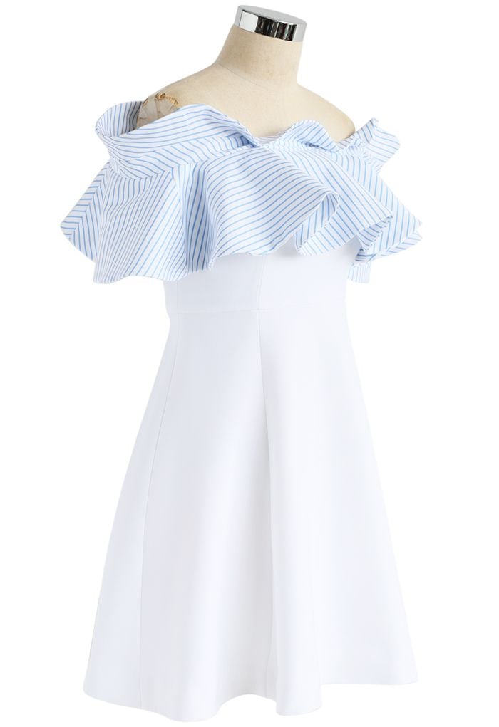 Nifty Breeze Off-shoulder Dress in Blue Stripe