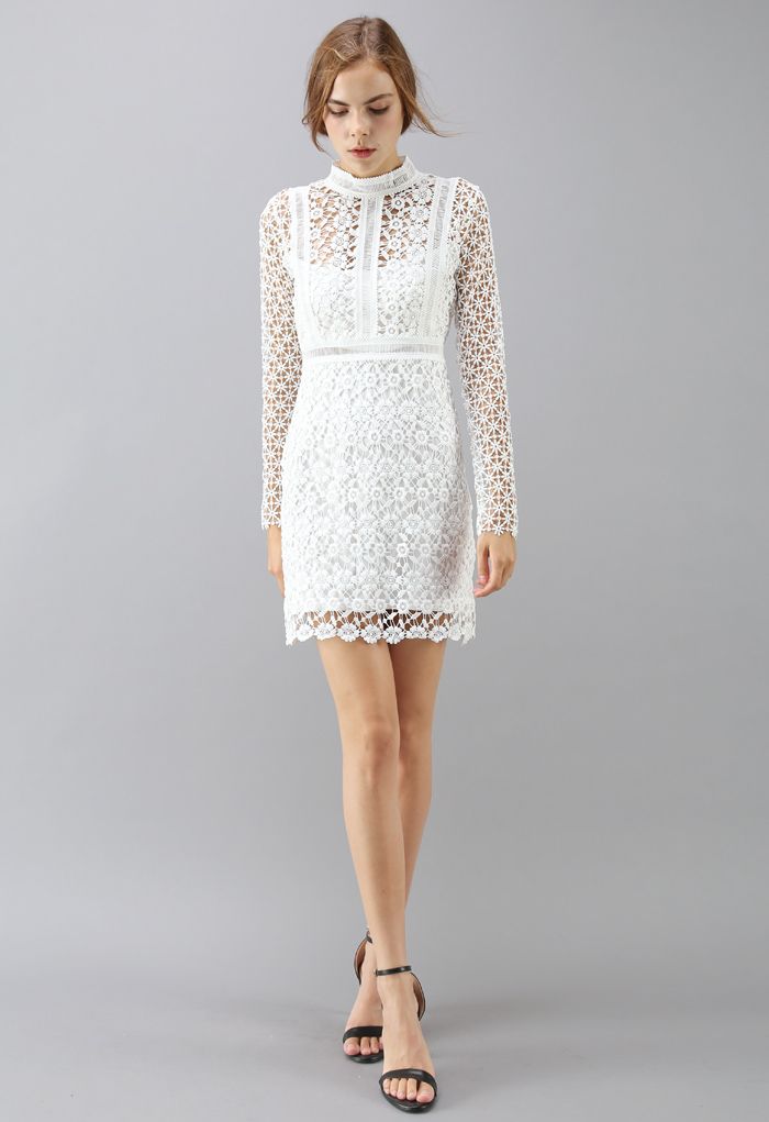 Ladylike Floral Crochet Panelled Shift Dress in White