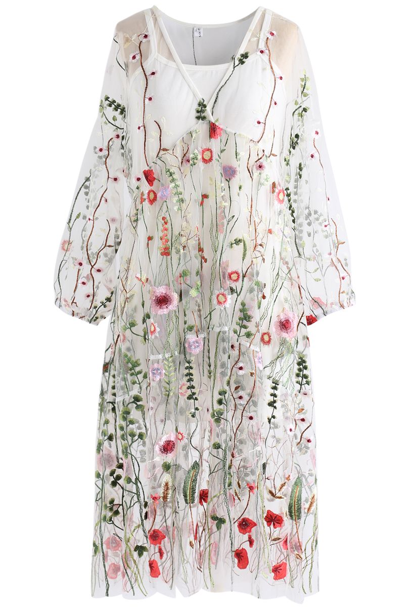 Lost in Flowering Fields V-Neck Embroidered Mesh Dress in Cream