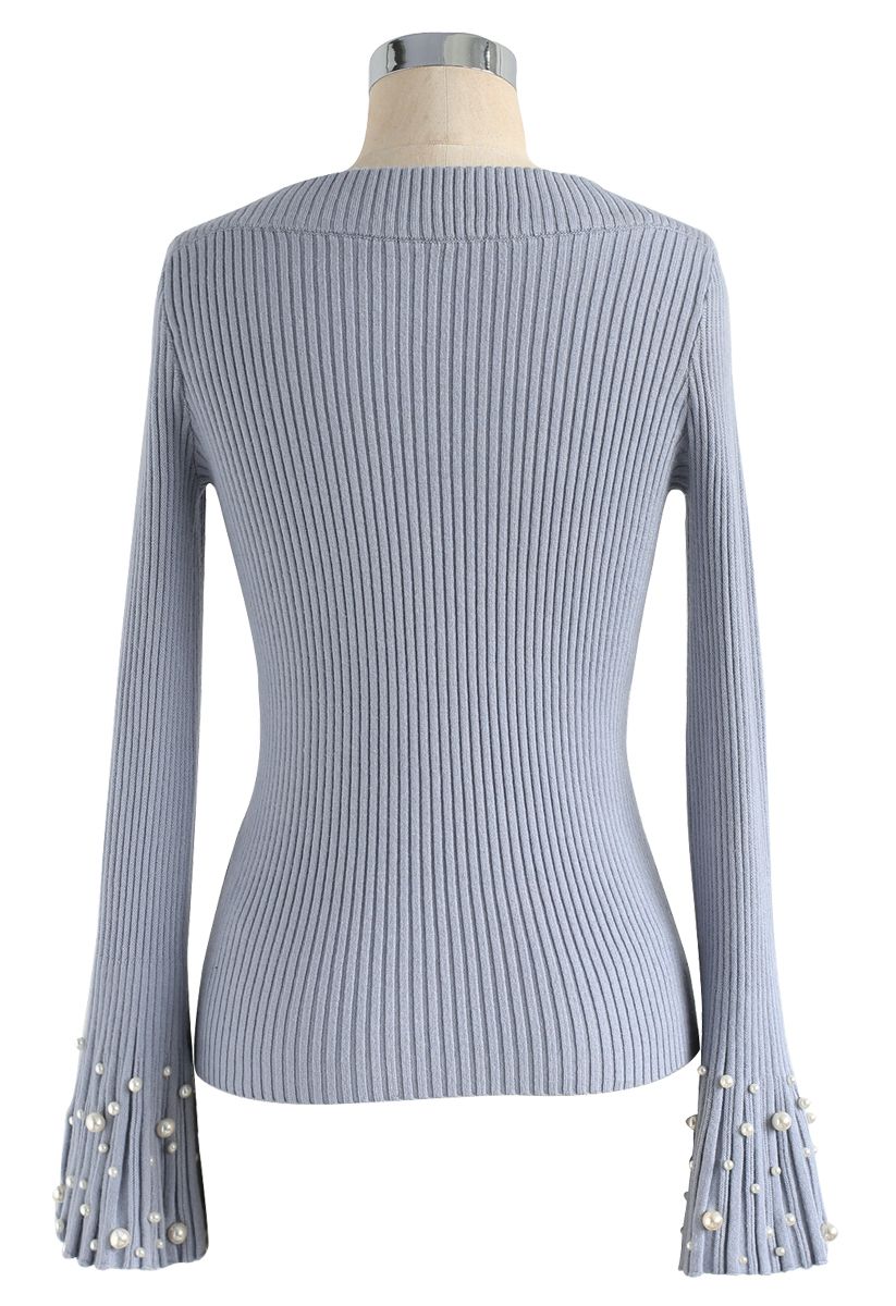 Oh My Pearls Ribbed Bell Sleeves Sweater in Lavender