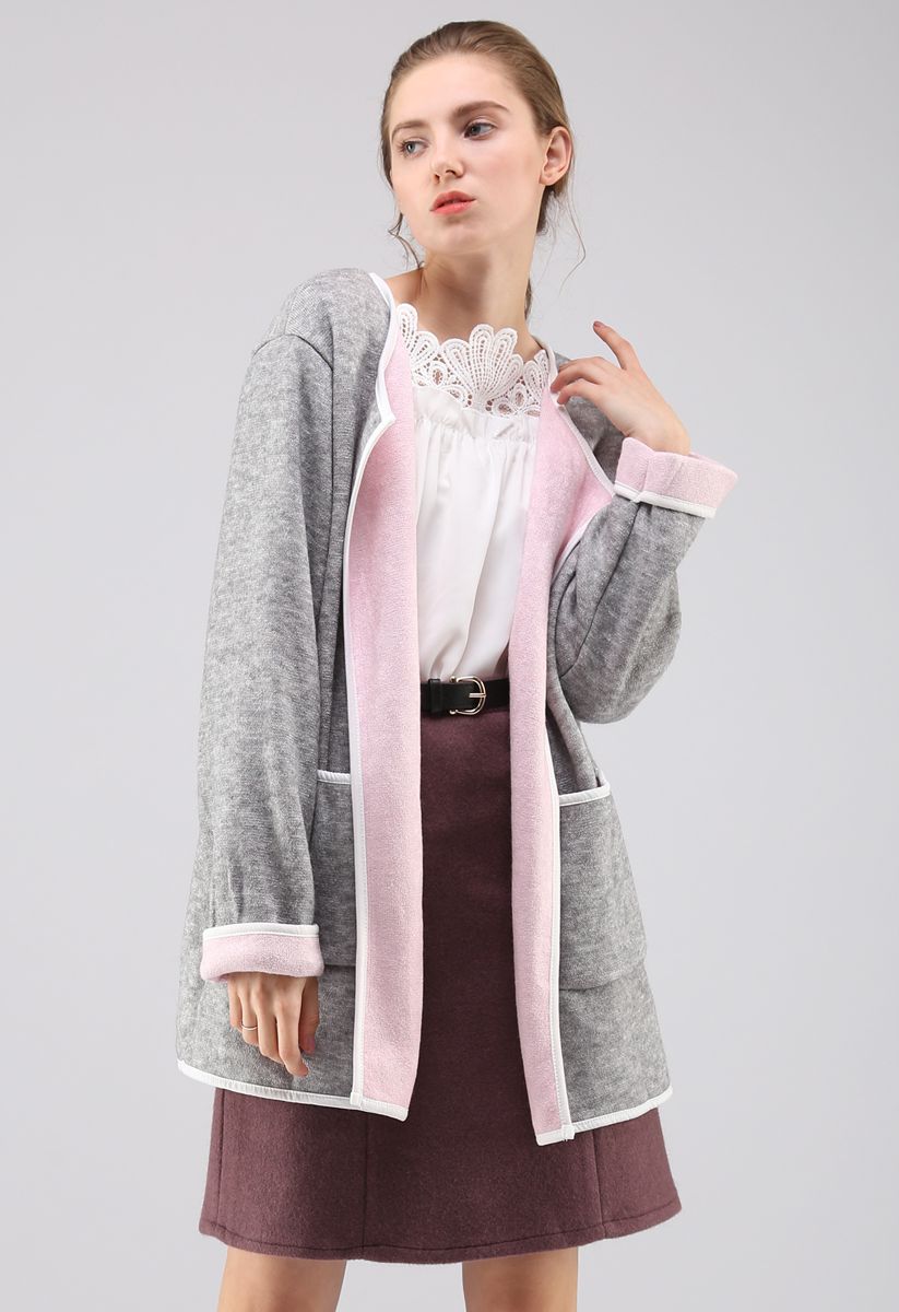 Comfy Contrast Open Front Knit Coat in Grey