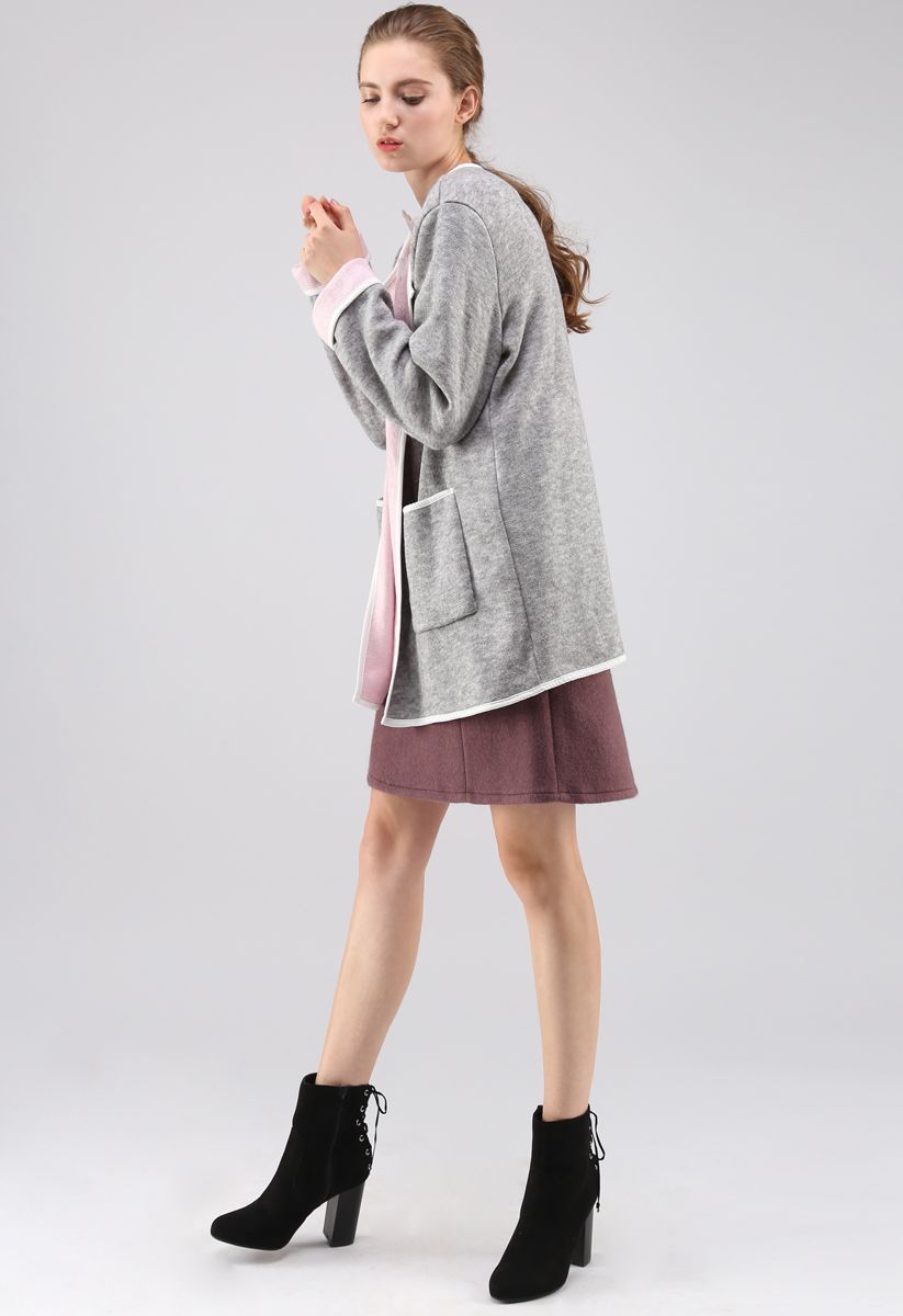 Comfy Contrast Open Front Knit Coat in Grey