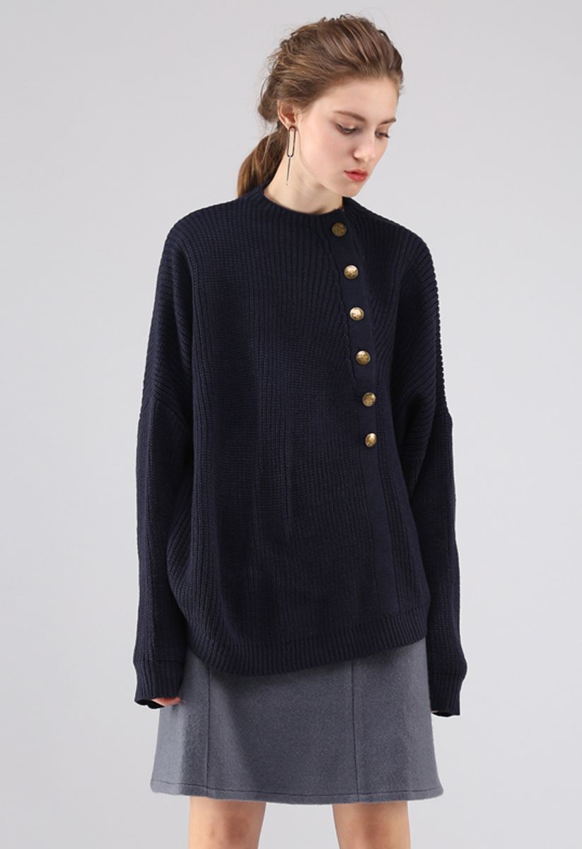 Button Up and Down Knit Sweater in Navy