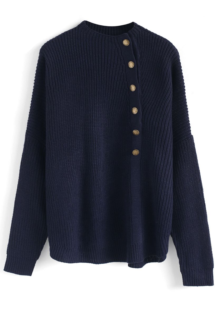 Button Up and Down Knit Sweater in Navy