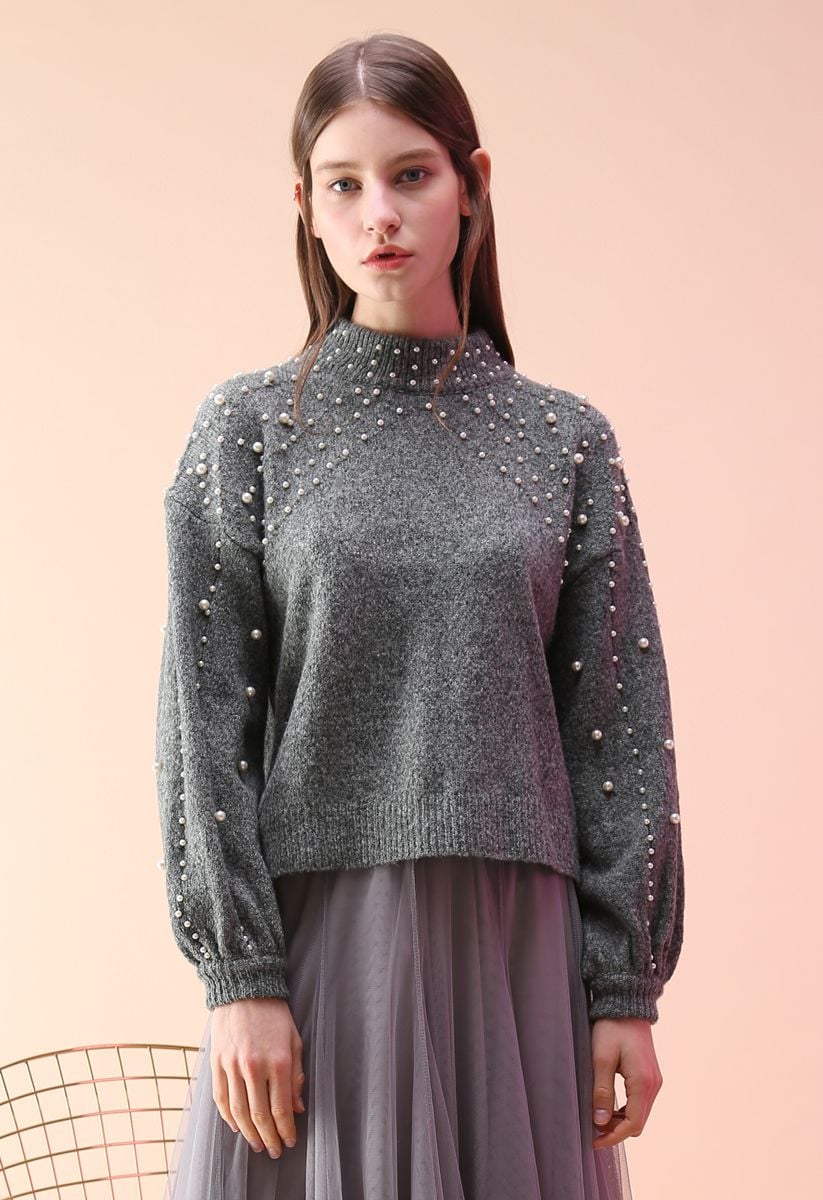 Radiant Pearls Knit Sweater in Grey