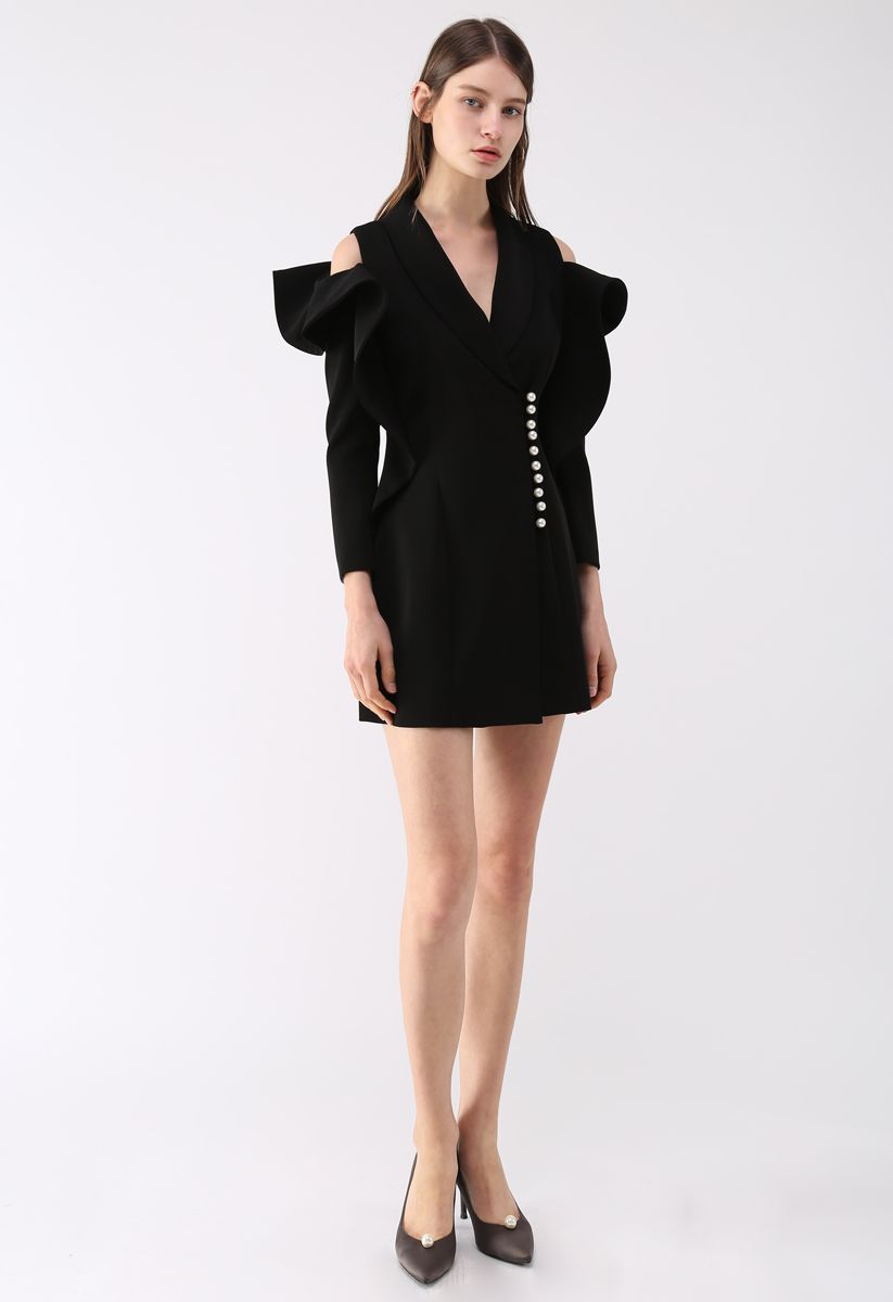 Shining Pearls V-Neck Cold-Shoulder Coat Dress in Black 