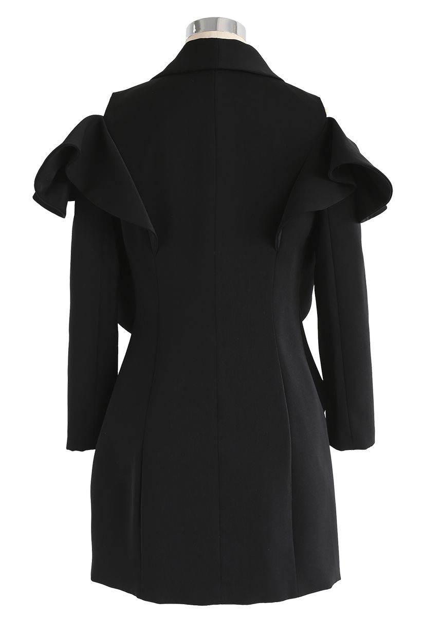 Shining Pearls V-Neck Cold-Shoulder Coat Dress in Black 