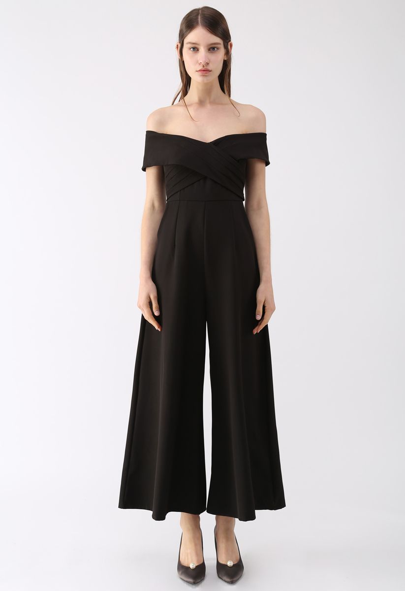 Eternal Sweet Cross Breast Off-Shoulder Jumpsuit in Black 