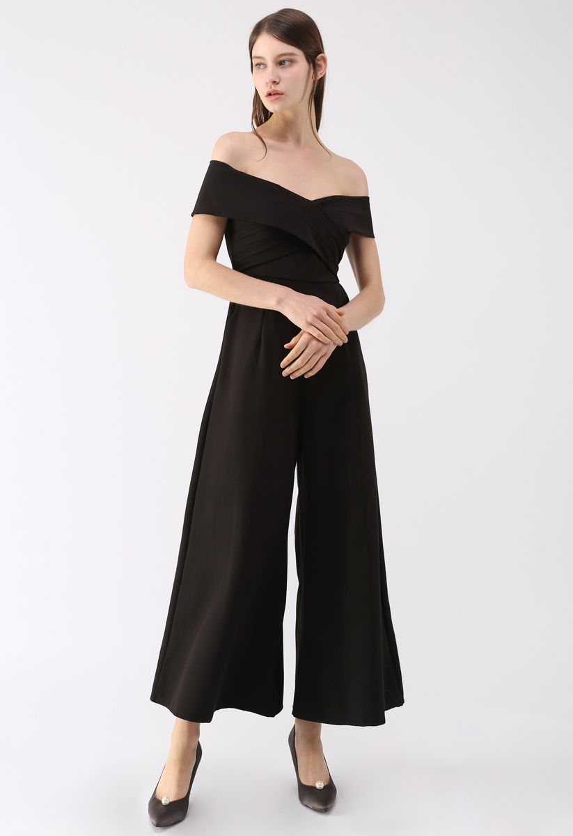 Eternal Sweet Cross Breast Off-Shoulder Jumpsuit in Black 