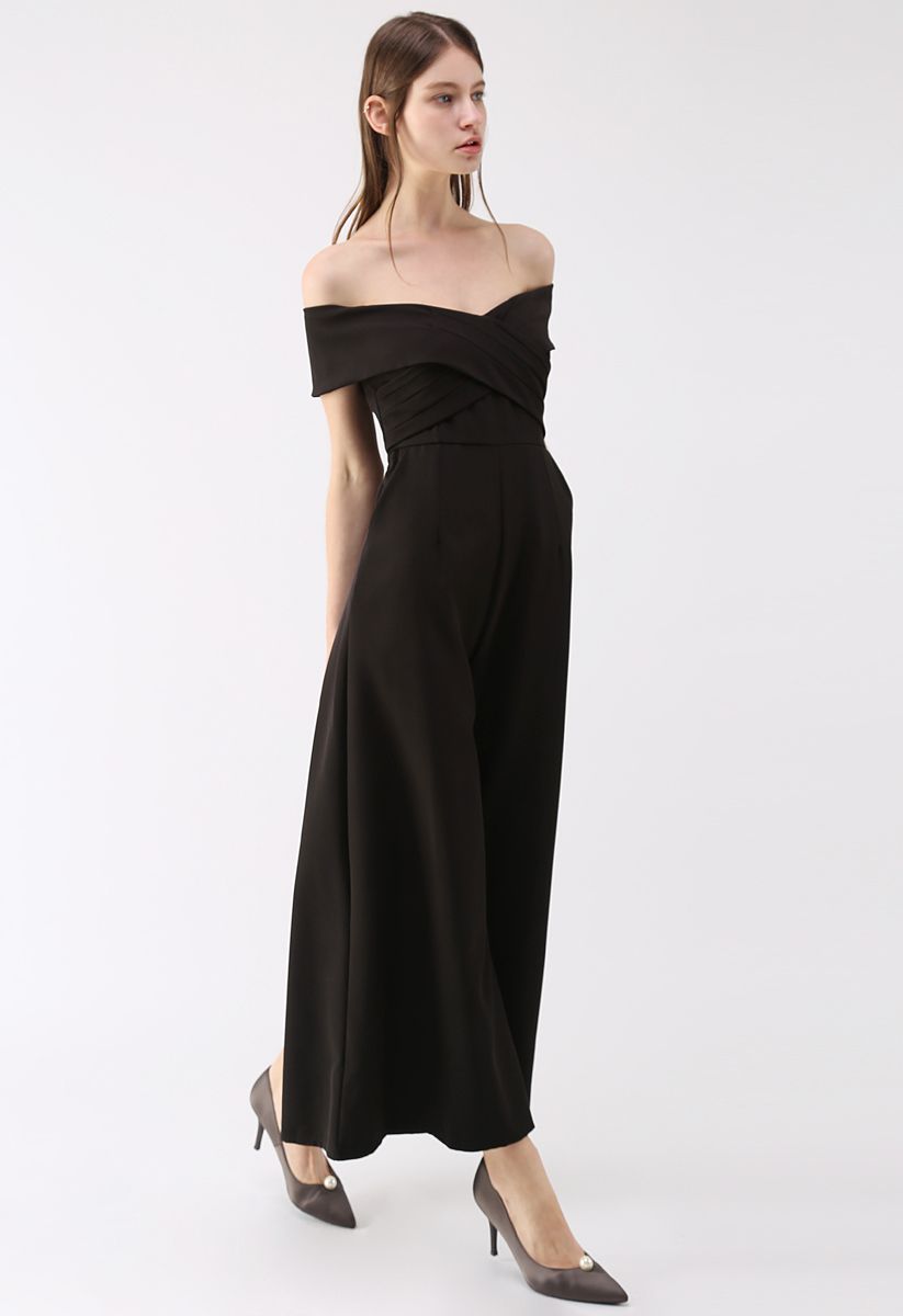 Eternal Sweet Cross Breast Off-Shoulder Jumpsuit in Black 